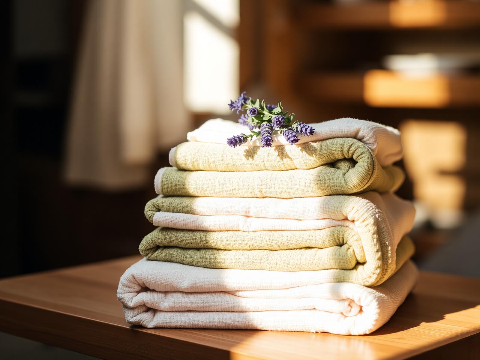 Stack of freshly folded laundry with lavender
